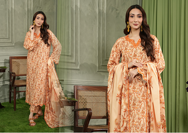 Embroidered Peach/Orange Linen Suit 3 pcs