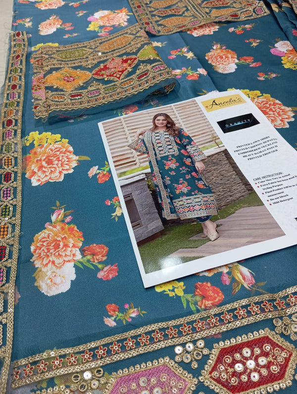 Teal Digital Printed Chiffon/Lawn Suit with Gold Threadwork
