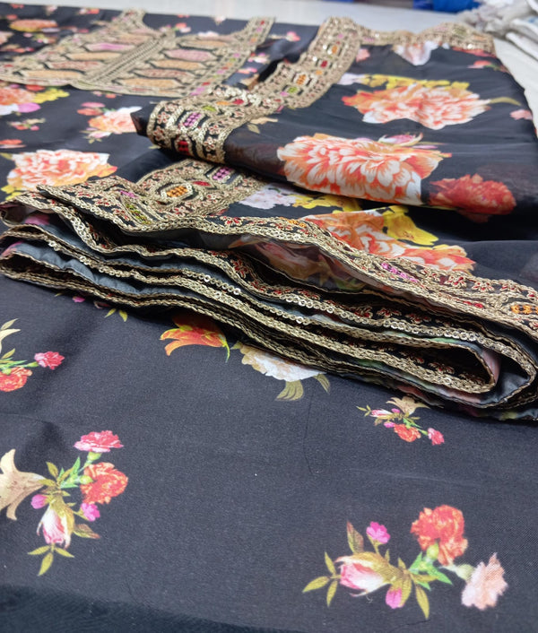 Black Digital Print Suit with Heavy Mirror and Zari Work